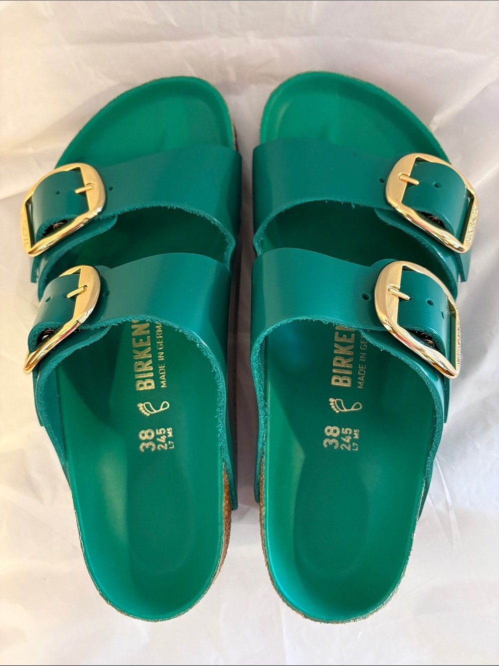 Birkenstock Arizona Two-Strap Slide Sandals in Teal with Gold Buckles - Picture 2 of 11